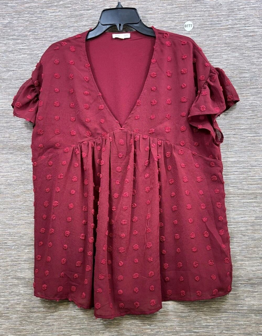 Chicsoul Women's Plum Maroon Swiss Dot Blouse Size XL Fashion Short Sleeve